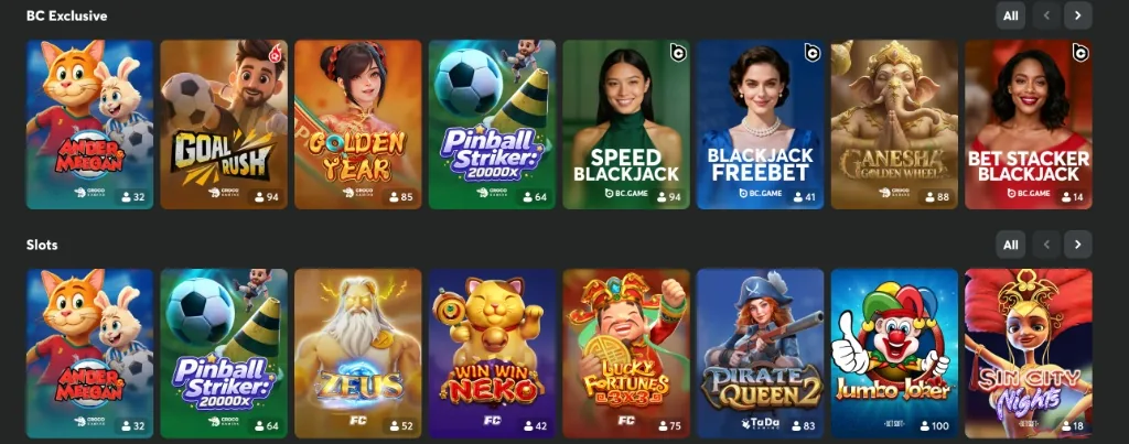 BC Exclusive games and popular slots on BC.GAME including Speed Blackjack, Ganesha Golden Wheel, Zeus and Pirate Queen