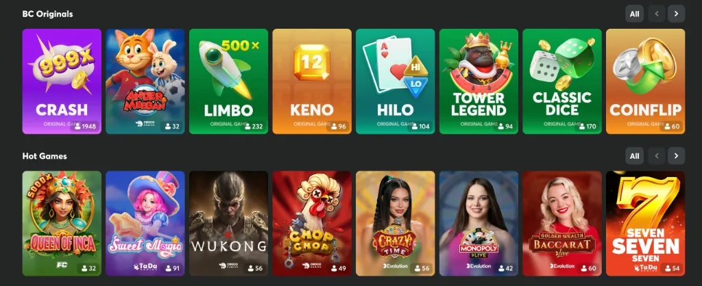 BC Originals games on BC.GAME: Crash, Limbo, Keno, Hilo, Tower Legend, Classic Dice and Coinflip, plus hot slots
