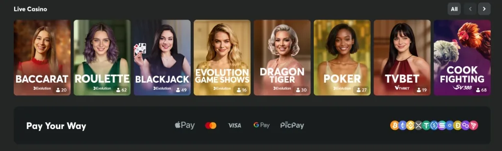 BC.GAME live casino tables: Baccarat, Roulette, Blackjack, Evolution game shows, Dragon Tiger and Poker with live player counts